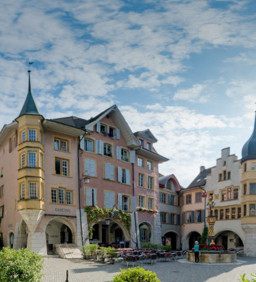 Biel, BE / Switzerland - 28 August 2019: view of the Ring Square and the Vennerbrunnen Fountain in the historic old town of Biel