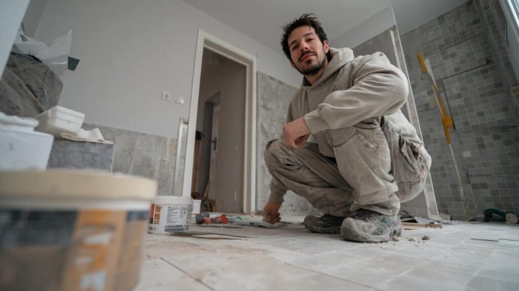 Carreleur posant un carrelage grand format dans une salle de bain moderne en 2025