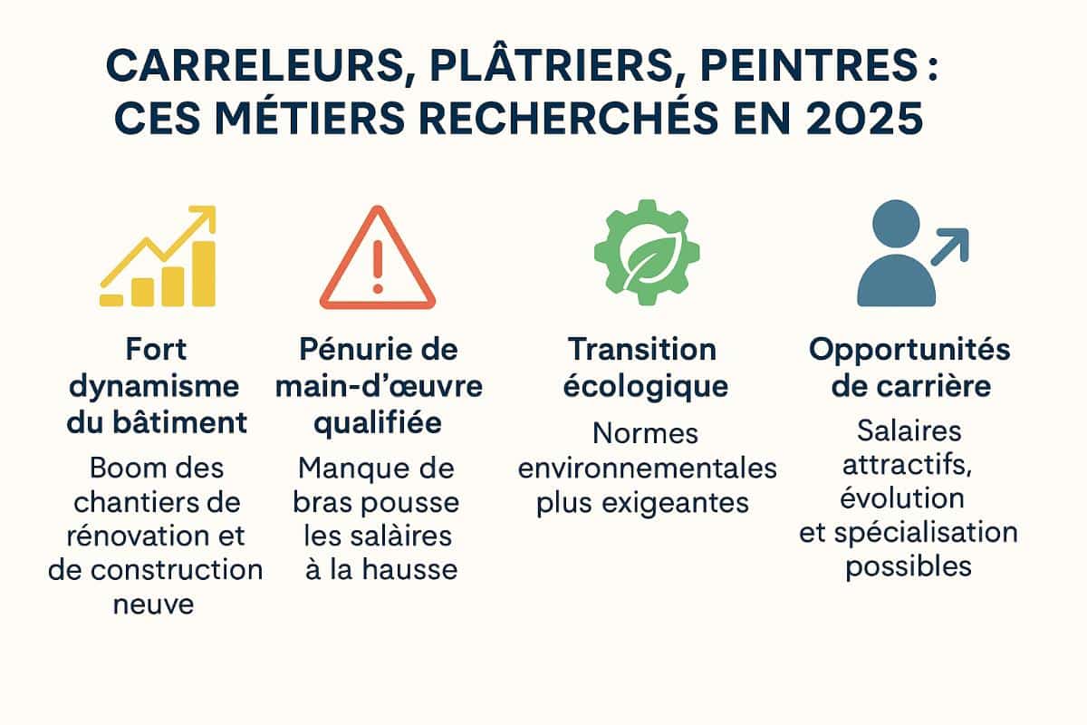 Infographie illustrant la forte demande en 2025 pour les métiers du bâtiment comme carreleur, plâtrier et peintre avec données clés et icônes